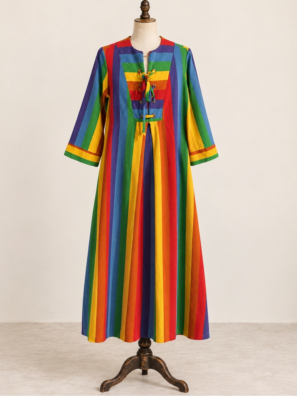 Rare Vintage 1970s Conrad Rainbow Fleece Lace Up Maxi Dress With Pockets